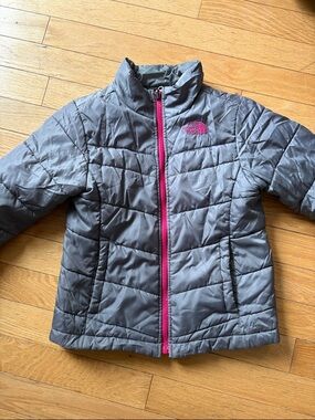 The North Face Gray Puffer Jacket with Pink Zipper and Logo